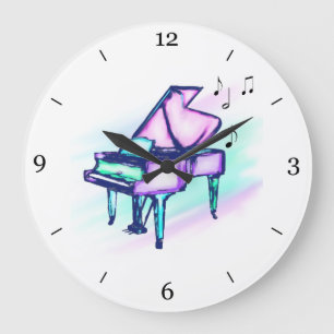 Colorful Grand Piano Watercolor & Music Notes Large Clock