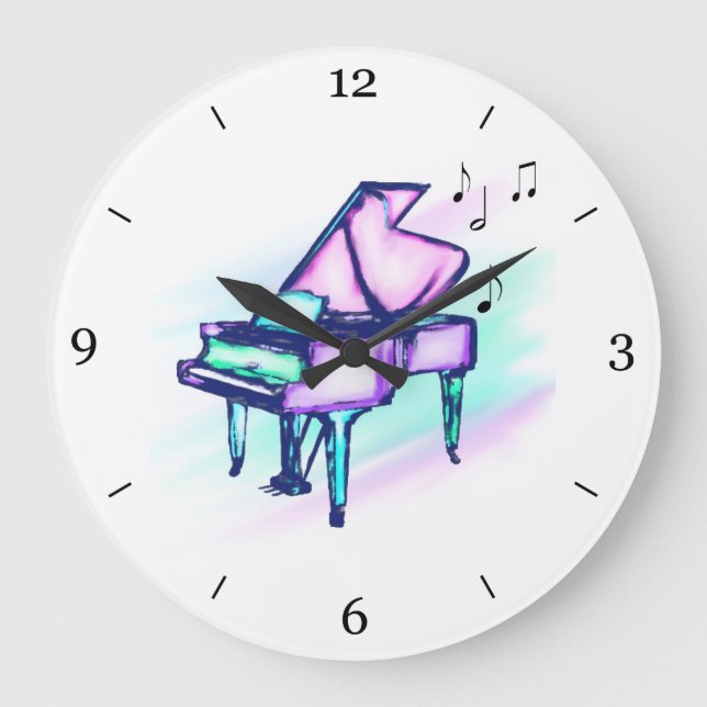 Colorful Grand Piano Watercolor & Music Notes Large Clock (Front)