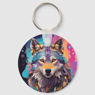 Colorful Gray Wolf Neon Colors Key Ring