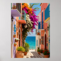 Colorful Greek Coastal Village Bougainvillea Wall