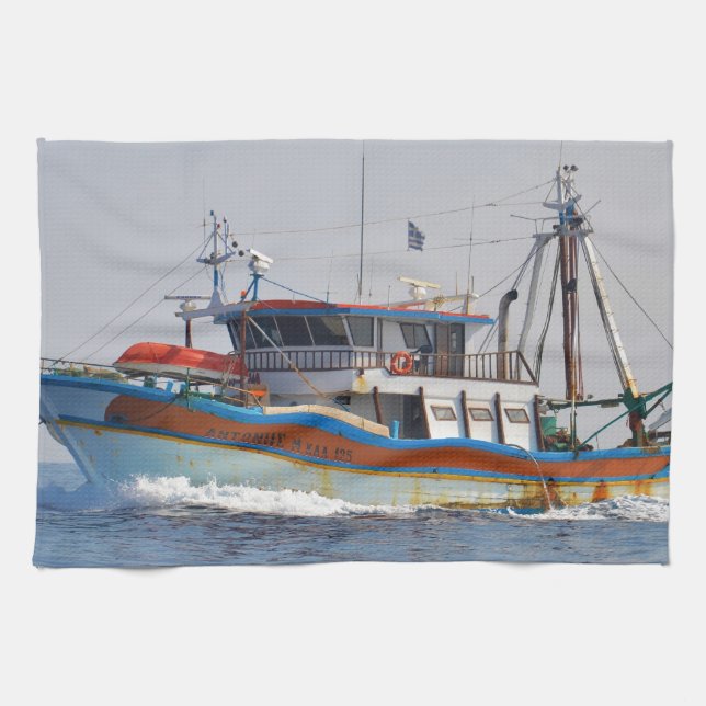 Colorful Greek Fishing Boat Tea Towel (Horizontal)