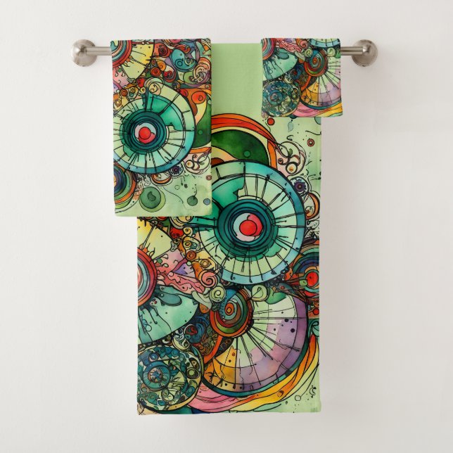 Colorful Green Abstract Doodle Art Towel set (Insitu)