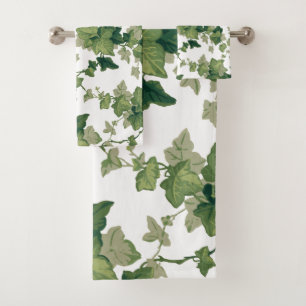 Colorful Green Ivy on White Background Bath Towel Set