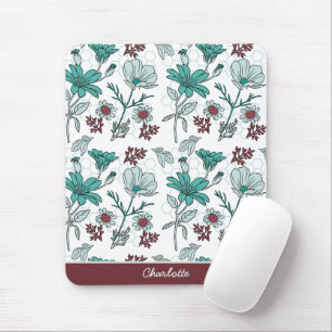 Colorful greenery floral pattern personalized name mouse mat