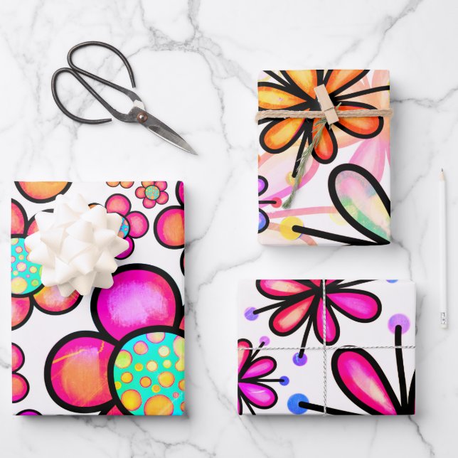 Colorful Groovy 70's Doodle Flowers Pattern Wrapping Paper Sheet (Front)