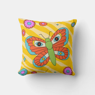 Colorful Groovy Butterfly and Daisies Cushion