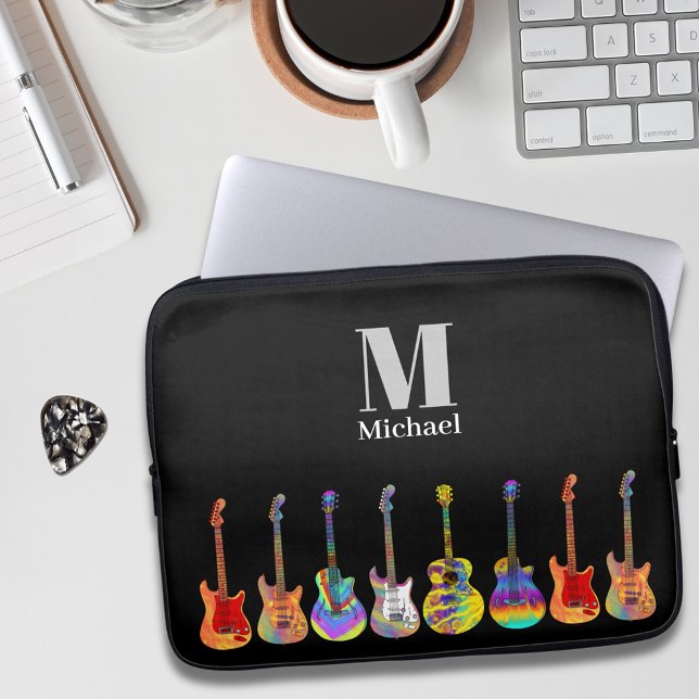 Colorful Guitar Pattern on Black Monogram  Laptop Sleeve (Funky guitar pattern on black personalized monogram music teacher guitarist musician performer )