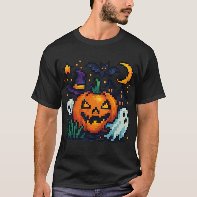 Colorful Halloween Pixel Art - Pumpkin, Ghost & T-Shirt (Front)