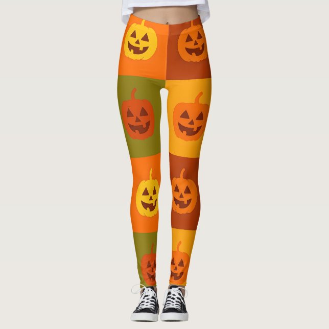 Colorful Halloween Pumpkin Grid Leggings (Front)