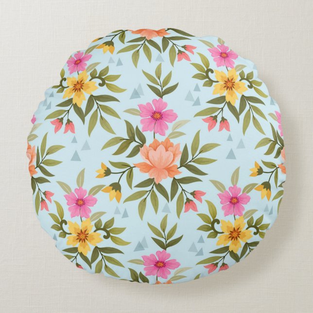 Colorful Hand Draw Flowers Round Cushion (Front)
