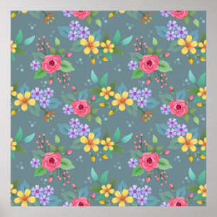 Colorful hand drawn flowers pattern vintage design poster