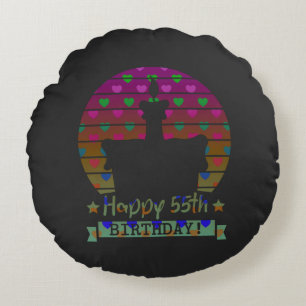 Colorful Happy 55th birthday cake with hearts Round Cushion