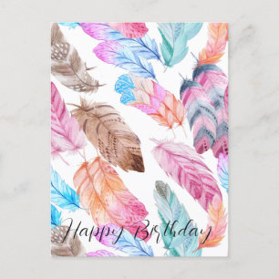 Colorful Happy Birthday  Boho Feathers Postcard