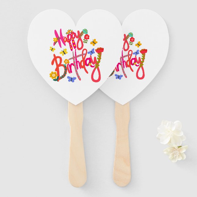 Colorful Happy Birthday Floral & Butterfly Party Hand Fan (Front and Back)