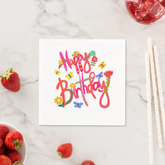 Colorful Happy Birthday Floral & Butterfly Party Napkin
