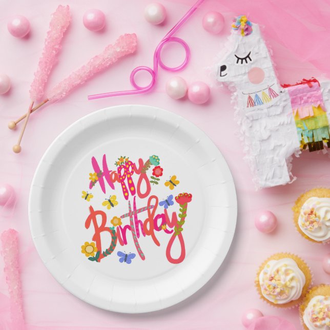 Colorful Happy Birthday Floral & Butterfly Party Paper Plate (Party)