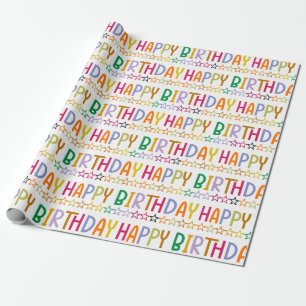 Colorful Happy Birthday Text and Stars Pattern  Wrapping Paper