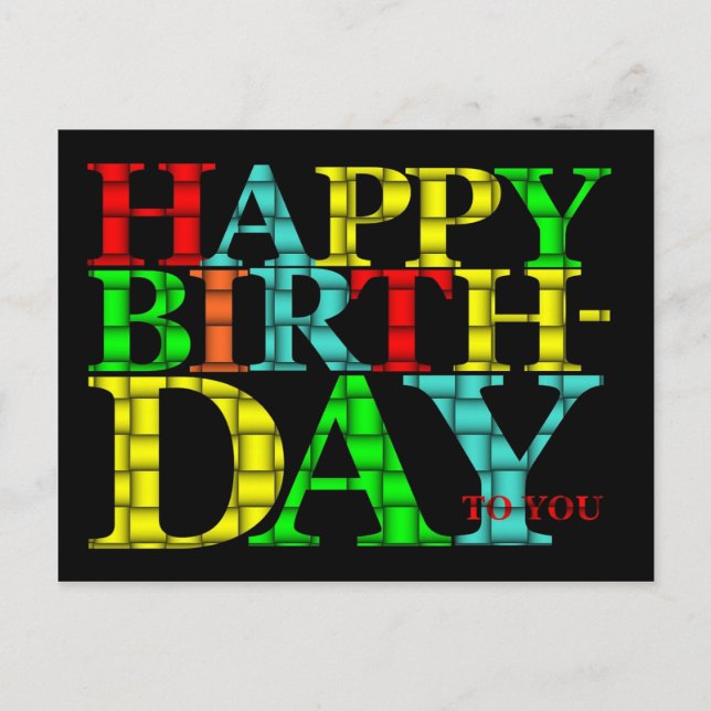Colorful Happy Birthday Text with Black Background Postcard (Front)