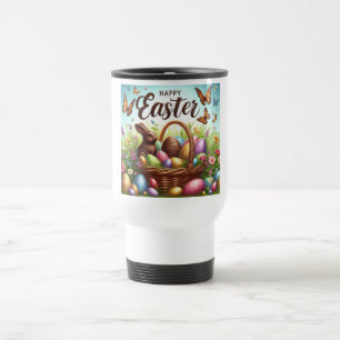 Colorful, Happy Easter basket with eggs Travel Mug