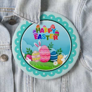 Colorful Happy Easter – Cute Bunny and Eggs 6 Cm Round Badge