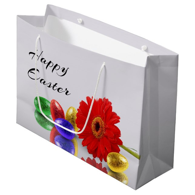 Colorful Happy Easter Eggs with Gerbera Large Gift Bag (Front Angled)