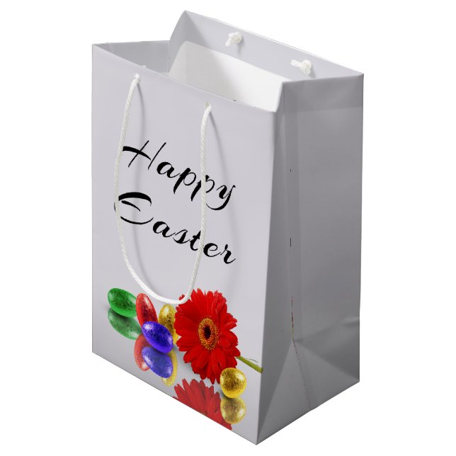 Colorful Happy Easter Eggs with Gerbera Medium Gift Bag (Front Angled)
