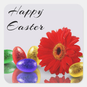 Colorful Happy Easter Eggs with Gerbera Square Sticker