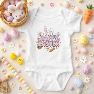 Colorful Happy Easter Illustration with Bunny Ears Baby Bodysuit
