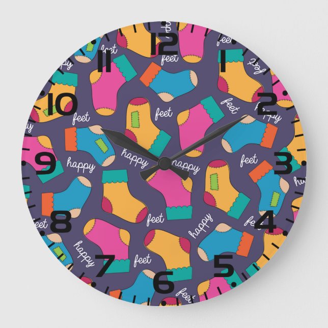 Colorful Happy Feet Socks Pattern Large Clock (Front)