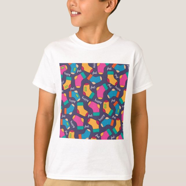 Colorful Happy Feet Socks Pattern T-Shirt (Front)