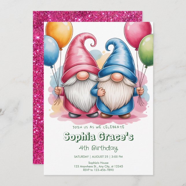 Colorful happy gnomes with balloons invitation (Front/Back)