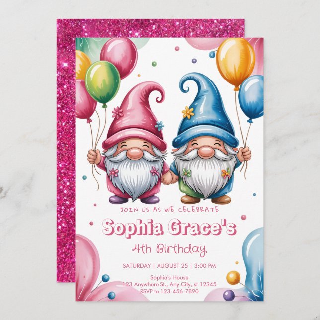 Colorful happy gnomes with balloons invitation (Front/Back)