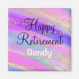 Colorful Happy Retirement Unicorn Gold Glitter Magnet