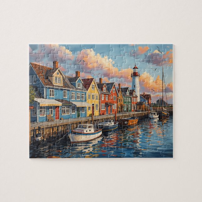 Colorful Harbor Lighthouse Town Jigsaw Puzzle (Horizontal)