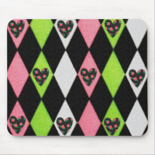 Colorful Harlequin Print with Rose Hearts Mouse Mat