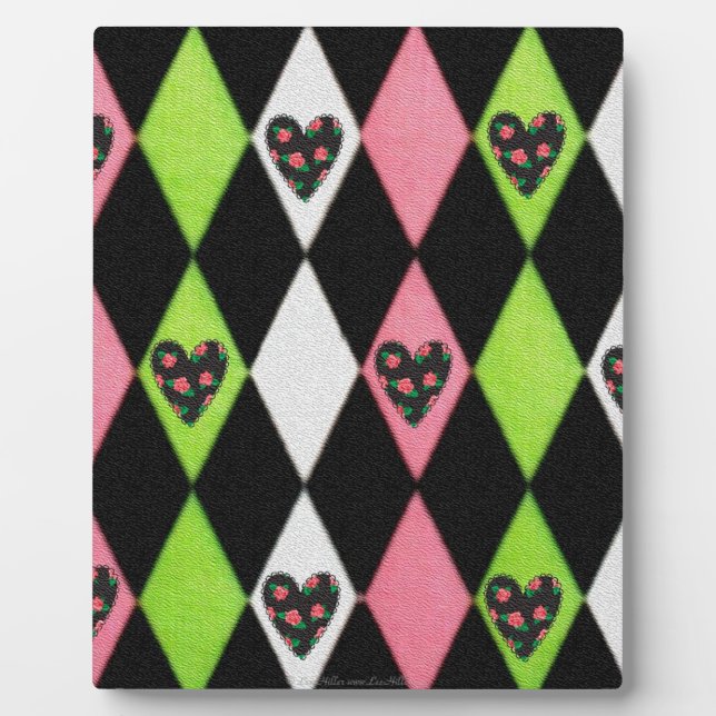 Colorful Harlequin Print with Rose Hearts Plaque (Front)