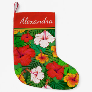 Colorful Hawaiian Hibiscus Flowers Monogram Name Small Christmas Stocking