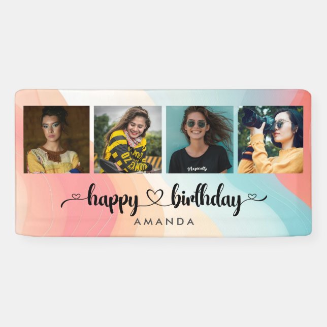 Colorful Heart Script 4 Photo Happy Birthday Banner (Horizontal)