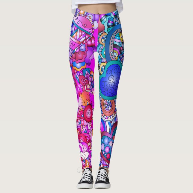 Colorful Hearts and Flowers Abstract Art Leggings (Front)
