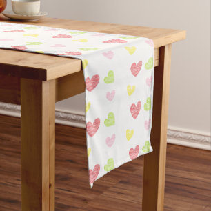 Colorful hearts on white short table runner