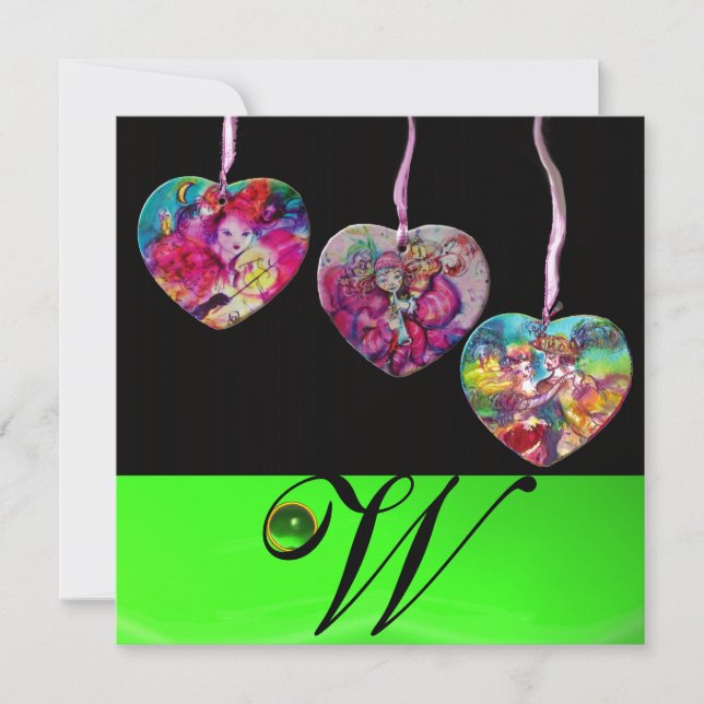 COLORFUL HEARTS PARTY ORNAMENTS GEM STONE MONOGRAM INVITATION (Front)