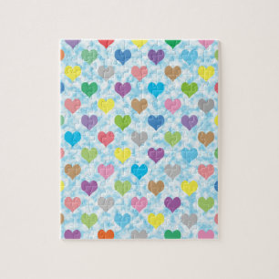 Colorful hearts pattern on blue background jigsaw puzzle
