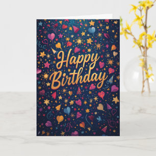 Colorful Hearts Stars Birthday Card