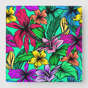 COLORFUL HIBISCUS  SQUARE WALL CLOCK