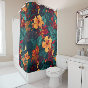 Colorful Hibiscus, Yellow Orange Green Floral Shower Curtain