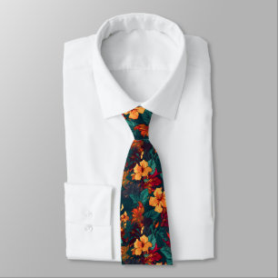 Colorful Hibiscus, Yellow Orange Green Floral Tie