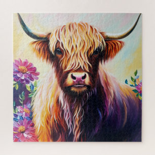 Colorful Highland Cow Floral Art Jigsaw Puzzle