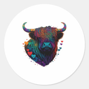 Colorful Highland Cow Valentines Day Farm Cow 1  Classic Round Sticker