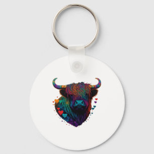 Colorful Highland Cow Valentines Day Farm Cow 1  Key Ring