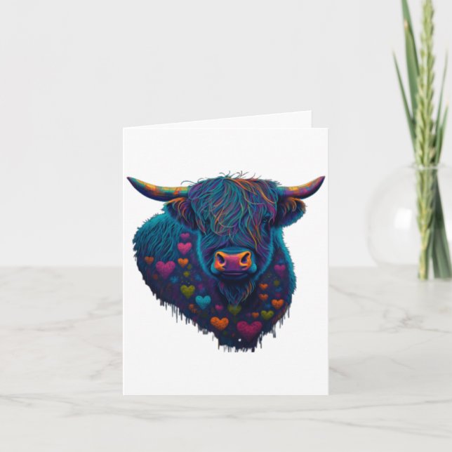 Colorful Highland Cow Valentines Day Farm Cow 2  Card (Front)
